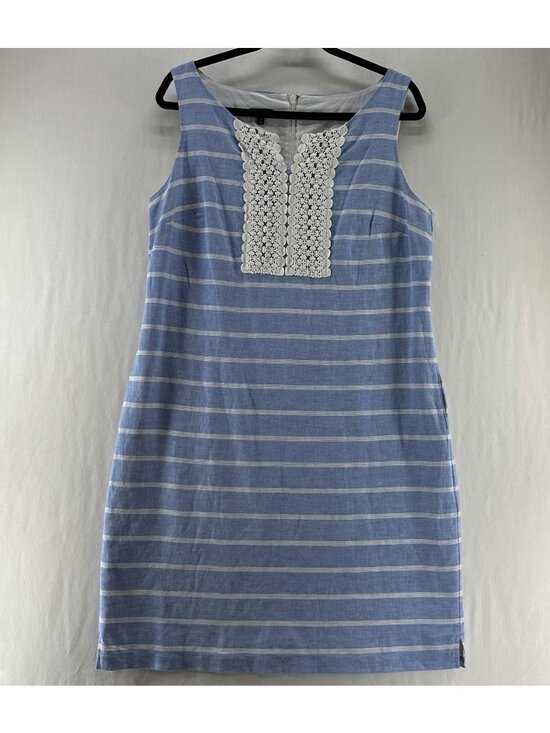 Talbots Dresses & Skirts - Talbots Linen Cotton Shift Dress 12 Crochet Lace Trim Pockets Striped Blue White